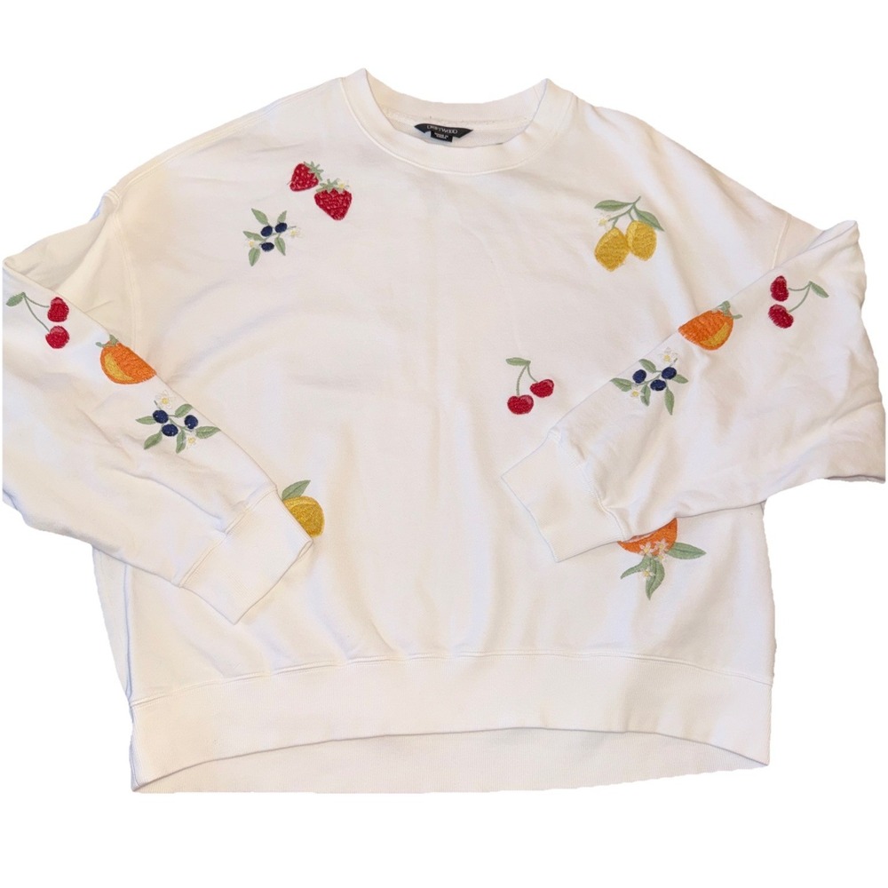 Driftwood Womens Teddy Crew Neck Pullover Sweatshirt Sz L White Fruit Print - Picture 2 of 9